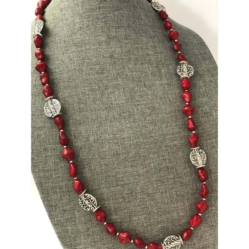 Red Stone and Silver Tone Necklace and Bracelet
